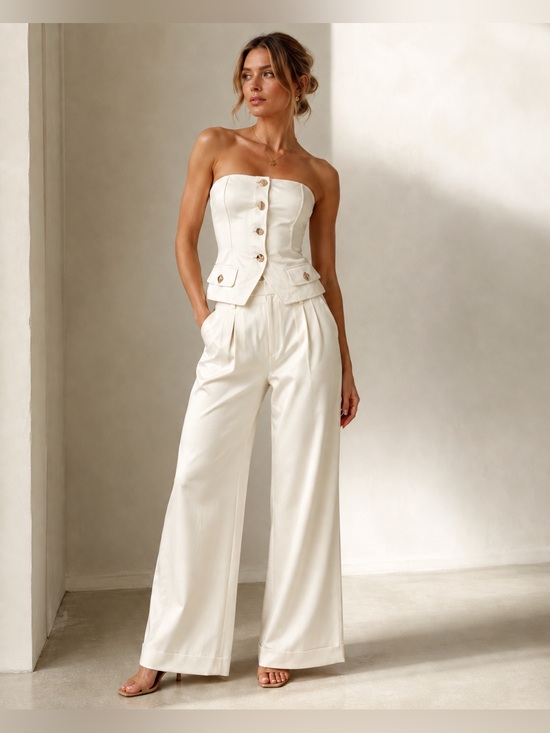 Pants - Strapless Ivory Wide-Leg  Pants Set